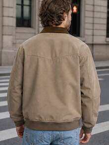 Men's Autumn/Winter Corduroy Patchwork Contrast Color Zipper Placket Casual Versatile Workwear Jacket, Suitable For Daily Outings And Commuting - Khaki - View 4