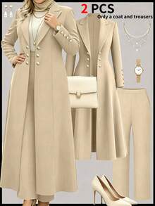 Plus Size Women's Spring Elegant Commute 2-Piece Set, Apricot Long Waist-Cinching Vintage British Double-Breasted Design Blazer Coat With Simple Casual Straight Leg Pants - Apricot - View 1