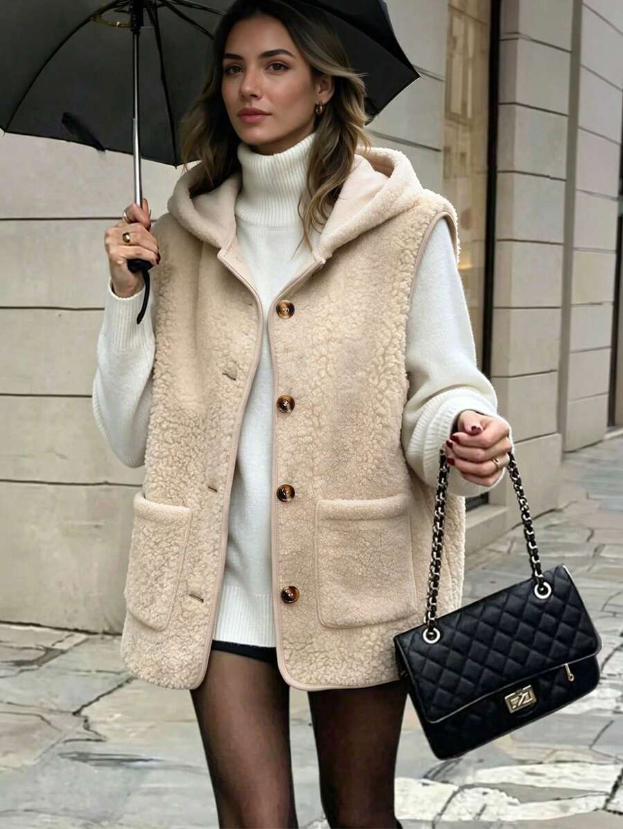 Women's Autumn/Winter Single Piece Hooded Drawstring Lamb Wool Sleeveless Vest Single-Breasted Large Pocket Loose Slouchy Daily Commute Outerwear Faux Fur Vest Fallfashion