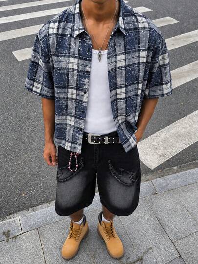 HOMIIE Men's Plaid Short Sleeve Button Shirt, Splatter & Sequin Print Collar Loose Fit Casual Streetwear Style For Back To School & Vacation