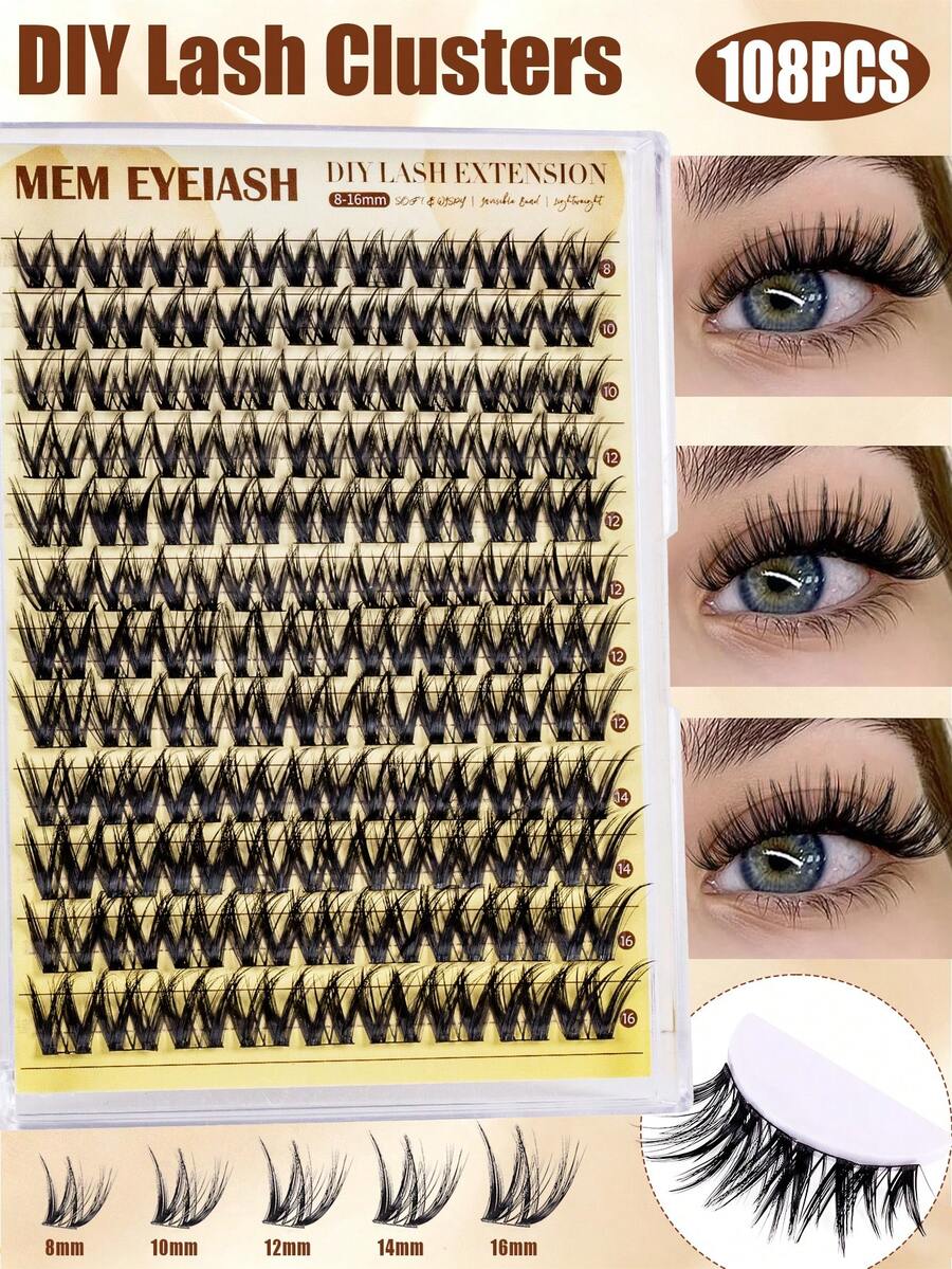 MEM 108 Buah Bulu Mata Palsu D-Curl, Panjang Campuran 8-16mm, Desain Russian 3D Kepadatan Sedang untuk Tampilan Mata Kucing Menawan, Cocok untuk Pemula, Sempurna untuk Pemakaian Harian, Pesta, Halloween, Natal dan Lainnya - D - View 1
