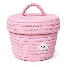 1pc Cute Woven Storage Basket For Home Lovers, Decorative Rope Organizer With Adorable Cartoon Patch Design, Handmade Storage Box With Lid For Toys, Clothes, Bedroom, Living Room Organization & Home Decor - Multicolor - View 10