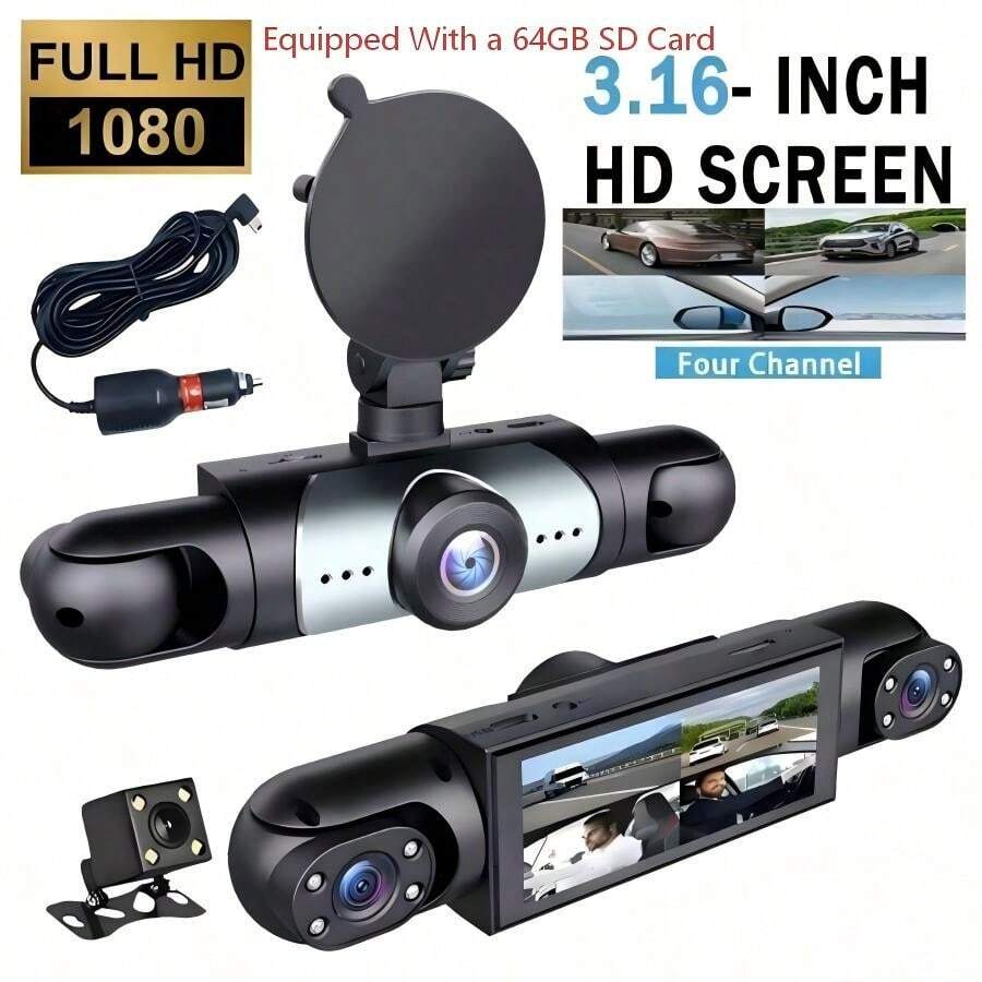 4-Channel 360° Panoramic Dash Cam With 64GB SD Card, Built-In Front, Rear And Interior Cameras, Supports Night Vision, 24-Hour Parking Monitoring And Loop Recording, Suitable For Most Car Models, Built-In 150mAh Rechargeable Battery