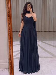 Elegant Women's Long Chiffon Evening Gown, Sleeveless Strapless Flare Skirt, Pleated Design, Suitable For Formal Occasions, Parties And Weddings - Navy Blue - View 5