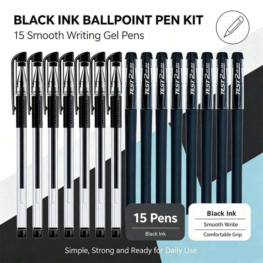 15Pcs 0.5mm Quick-Dry Black Gel Rollerball Pen, Smooth Writing, Ultra-Fast Drying, With Pen Clip, Suitable For Office And Study - Sets - View 1