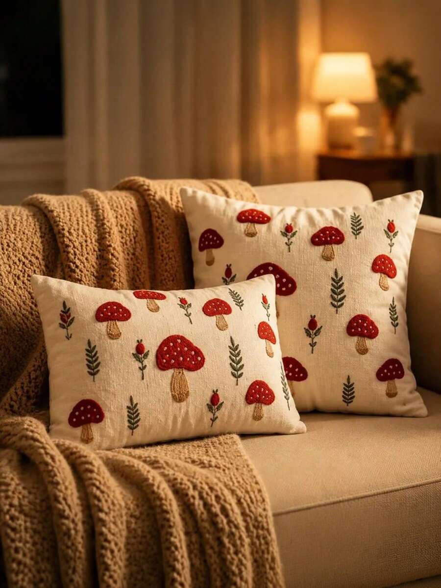 1/2/4Pcs 2D Flat Printed Mushroom Pillow Cover, Autumn Maple Leaf Throw Cushion Case, Non Real Embroidered Cottagecore Fall Decor, Vintage Faux Linen Lumbar Square - Multicolor - View 1