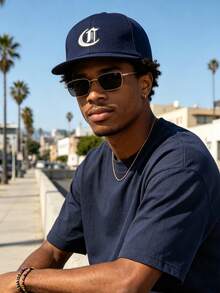 1pc Unisex Print Gothic Style White Letter Hippie Baseball Cap,Adjustable Flat Brim Sun Hat,For Travel,Sports,Beach,Campus,Y2K Style,Holiday Gift - Navy Blue - View 3