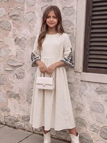 Girls Autumn Woven Textured Bohemian Embroidered Dress, Fall/Winter Outfit For Back To School, Travel And Party Wear - Apricot - View 7