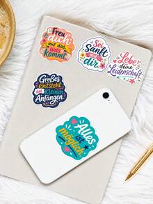 50Pcs PP German Inspirational Stickers, Colorful Journal Text Style, Including German Inspirational Phrases, Hearts, Gift Boxes, Lightning, Hand-Drawn Border Elements, For Journal Collage, Water Bottle, Notebook, Storage Box, DIY Craft Decor - Multicolor - View 7