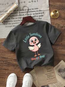 Toddler Girls' Cartoon Duck & Letter Print Casual Short Sleeve T-Shirt, Loose Fit Summer Top - Dark Grey - View 4