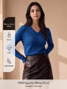 100% Merino Wool Women Sweater Women Fall Winter Sweater Winter Clothes Outfit V Neck Pullover Casual Long Sleeve Seamless Knit Sweater Autumn Outfit - Navy Blue - View 1