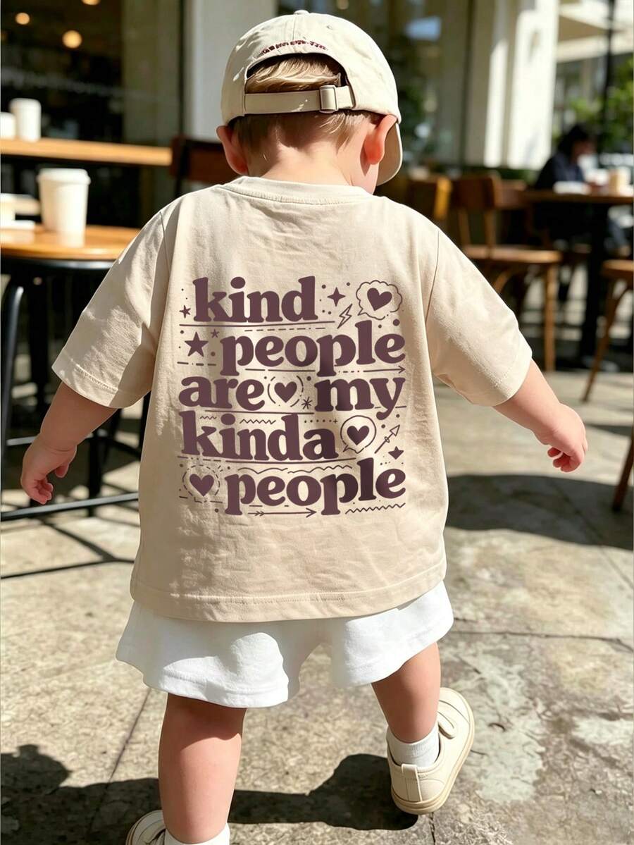 1pc Infant Boys' Creative Cartoon Graphic Letter Slogan Print Basic Round Neck Short Sleeve T-Shirt, Casual Fashion Baby Boy Clothes - Apricot - View 1