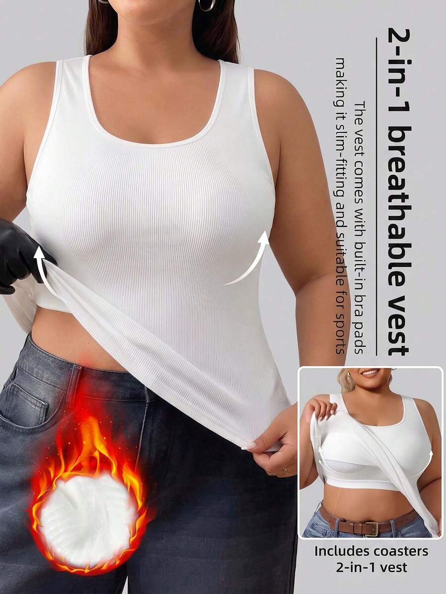 1pc Plus Size Women's Tank Top, Ribbed Brushed Fabric Beige Color, 2-In-1 Built-In Padded Sports Top, Autumn/Winter - White - View 1