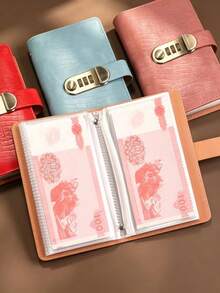1pcLockable Cash Savings Binder, PU Leather Budget Planner Notebook With Clear Sleeves, 50 Pages Holds 100 Sheets, Password Lock Money Organizer For Household Budget, Financial Management - View 2