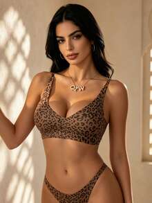 Temptuelle 1pc Women Leopard Print Seamless Comfortable Leisure Camisole Bra - Brown - View 3