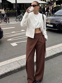 Women's Button Front Waist Wide Leg Pants, Elegant High Waist Solid Color Casual Long Trousers - Coffee Brown - View 1