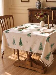 1pc Christmas Winter Minimalist Christmas Tree & Snowflake Pattern Polyester Cotton Lace Tablecloth, Stain-Resistant With Tassel Fringe, Suitable For Square/Round Tables, Kitchen, Dining Table, Coffee Table, TV Cabinet, Entryway, Party Holiday Decoration, Home Decor, Christmas Gathering - Multicolor - View 2