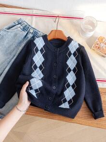 Boys' Preppy Argyle Jacquard Round Neck Button Long Sleeve Knit Cardigan Sweater, Contrast Color Pattern, Casual Versatile For Daily Wear, School, Spring, Autumn, Winter - Navy Blue - View 1