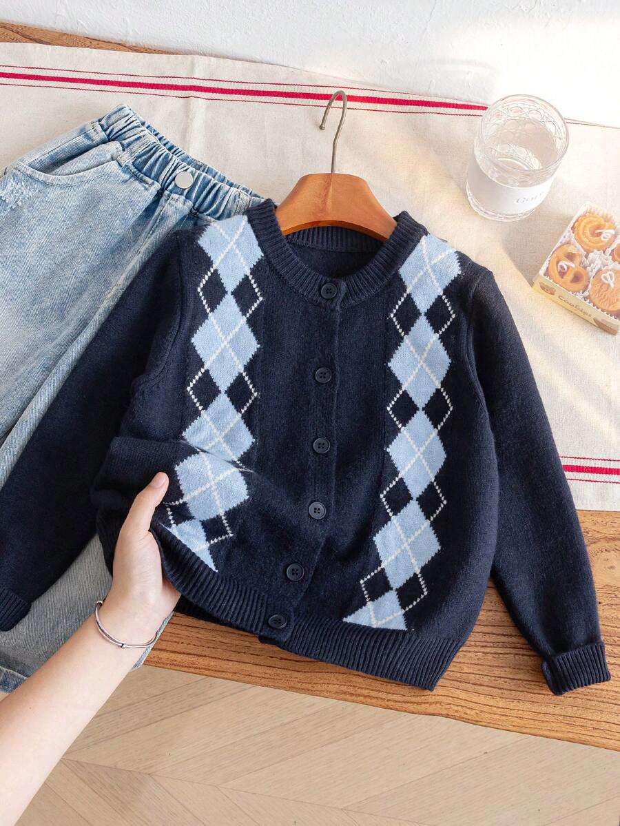 Boys' Preppy Argyle Jacquard Round Neck Button Long Sleeve Knit Cardigan Sweater, Contrast Color Pattern, Casual Versatile For Daily Wear, School, Spring, Autumn, Winter - Navy Blue - View 1