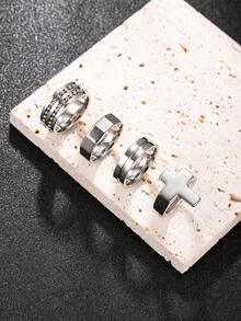 Hipoem 4pcs Fashion Stainless Steel Men's Ring Set With Cross & Round Bead Rotating Elements, Suitable For Daily Wear & Halloween Atmosphere Accessories - Silver - View 2