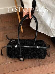 1件秋冬新款時尚PU拼接毛絨通勤包，優雅極簡純色復古約會購物女款單肩腋下包 - 黑色 - 查看 4