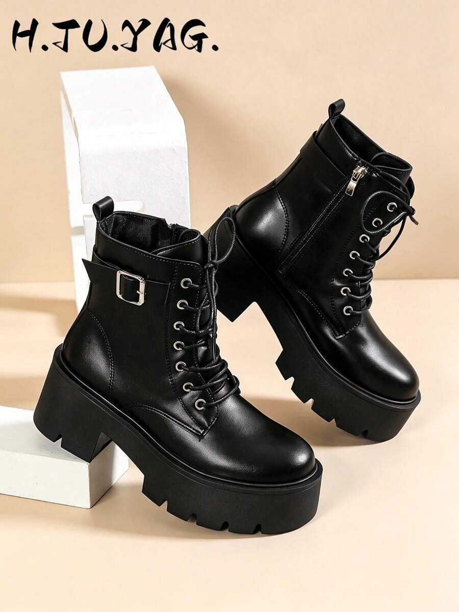 Comfortable Ankle Boots/ Boots, Black & White Color, Lace-Up, Chunky Heel, Fashion Autumn/Winter Shoes, Boots For Women