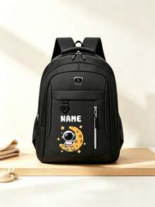 1pc Personalized Customized Large Capacity Backpack With Fashion Casual Astronaut And Moon Theme Print, Zipper Closure Nylon Material, Adjustable Shoulder Straps, Hand-Carry, Suitable For School, Commute, Shopping, Daily Use. Birthday Gift. - Vertical Zipper Style - Multicolor - View 8