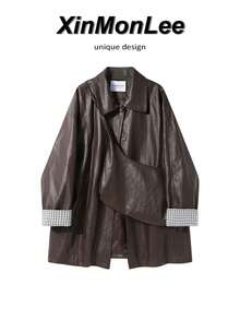 Korean Style Black Sweet Cool Early Autumn Motorcycle Jacket Button-Up Coat College Daily Travel Spring Autumn - Coffee Brown - View 1