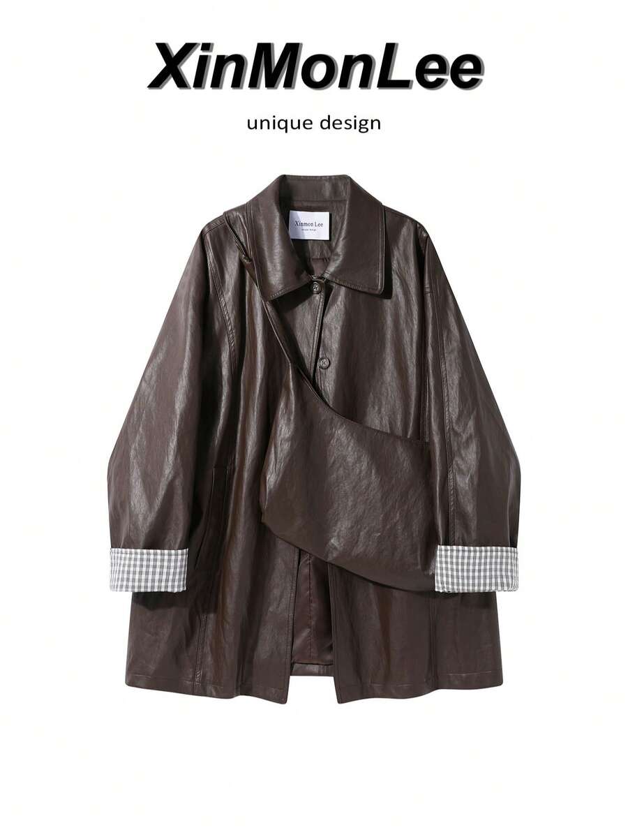 Korean Style Black Sweet Cool Early Autumn Motorcycle Jacket Button-Up Coat College Daily Travel Spring Autumn - Coffee Brown - View 1