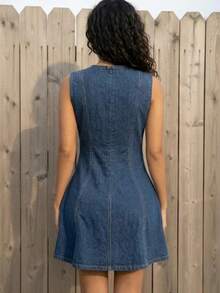Camiseta sin mangas sexy para mujer y falda vaquera hasta la rodilla - Azul lavado oscuro - Ver 9