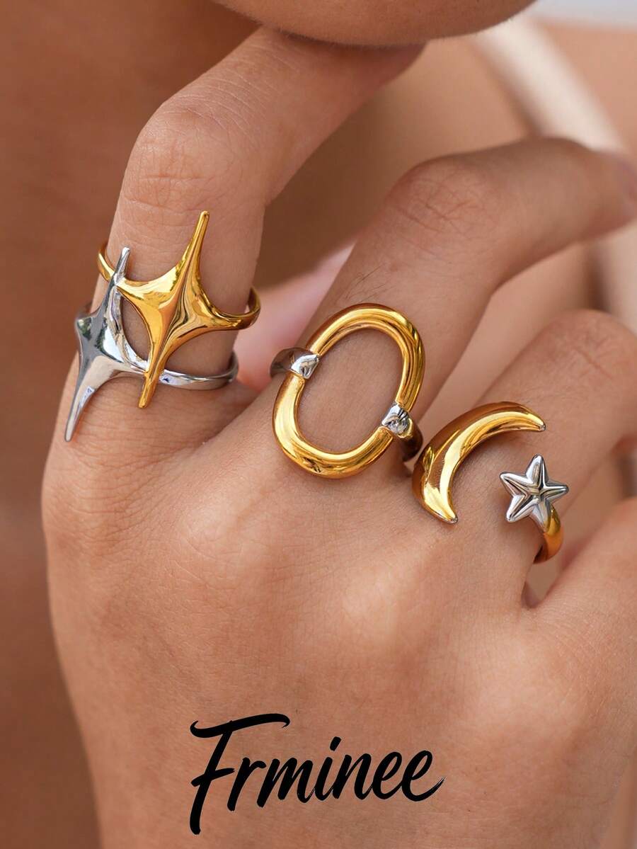 Frminee 3件/1件 女款雙色金銀不鏽鋼開口戒指，月亮星星與幾何圖案誇張戒指，可調節疊戴時尚飾品，適合女性日常配戴、派對、媽媽禮物、情人節、波希米亞風、萬聖節、聖誕節及其他場合