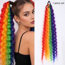 Women Synthetic Long Curly Wavy Ponytail Extension, Heat Resistant High Density Fake Hair, Natural For Cheer, Sports, Party, Festival Occasions - Multicolor - View 10