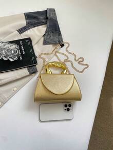 時尚金屬色女款手提包，壓克力不對稱手柄，翻蓋小方包，單肩斜挎包，百搭通勤包 - 金色 - 查看 6
