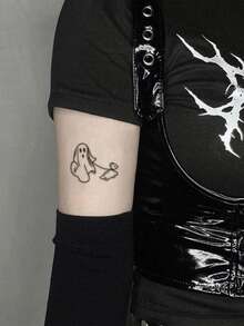 1pc Temporary Tattoo Sticker, Line Art Ghost Walking Ghost Puppy Pattern, Realistic Fake Tattoo Design, For Daily Wear, Bachelorette Party Favors, Music Festival, Game, Graduation Gift, Lasts 3‑5 Days - Black - View 4
