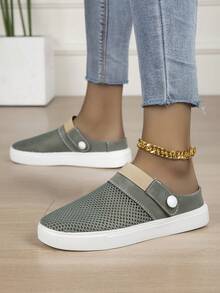 Women's Mesh Half-Slip Casual Shoes With Heel Strap Design Low-Top Daily Wear Shoes - Dark Army Green - View 3