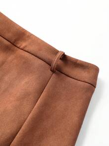 Elegant And Sophisticated Suede Leather Midi Skirt, Perfect For Commuting, Everyday Wear, And Business Occasions. Basic High-Waisted, Slimming A-Line Silhouette. Suitable For Winter Outfits, Festival Outfits, Parties, And Work Wear. - Brown - View 7