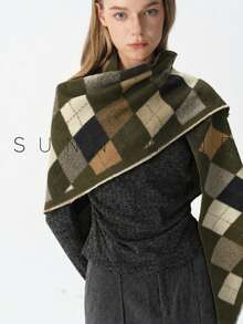 1pc Women's Diamond Plaid College Style Casual Versatile Polyester Faux Mink Triangle Scarf Shawl For Daily Use - Army Green - View 5