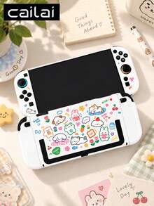 Cailai Cute Hand-Drawn Sticker Style Illustration, Soft Adorable Animal Pattern Switch Console Protective Case, Compatible With Switch OLED And Switch Console, Made Of Soft TPU Material, No Disassembly Required, Anti-Drop And Anti-Dust, Ideal Gift Compatible With Switch Gamers, Elegant And Cute Switch Console Protective Case, Switch 2 Storage Bag/Dock Shell. - View 9
