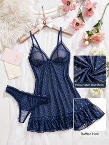 2pcs Polka Dot Sexy Women's Mesh Nightgown Set, Spaghetti Strap Dress Set (Includes Panties) - Navy Blue - View 4