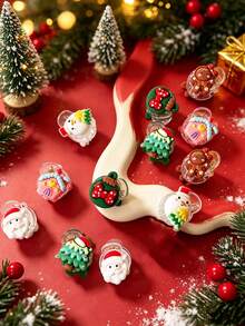 12pcs Women's Christmas Tree, Santa Claus, House, Snowman, Gingerbread Man, Bell Small Round Claw Clips Set, Cute - Multicolor - View 2