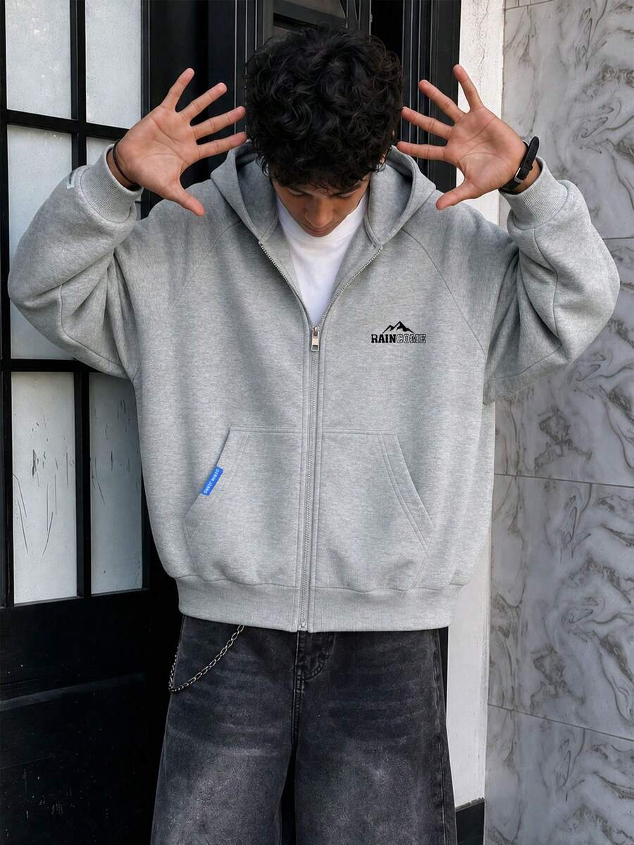 1件青少年男孩寬鬆版百搭休閒時尚運動連帽外套,秋冬款 - 灰色 - 查看 1