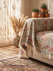 1pc Jacquard Pink Lily Pattern Tassel Sofa Cover, French Country Vintage Style Rectangular Design, No Installation Required, Dust-Proof, Anti-Slip, Anti-Scratch, Effectively Protects Sofa, Dirt-Resistant, Wear-Resistant, Sofa Dust-Proof Protector, Suitable For Multiple Sofa Models, Suitable For All Seasons - Multicolor - View 8