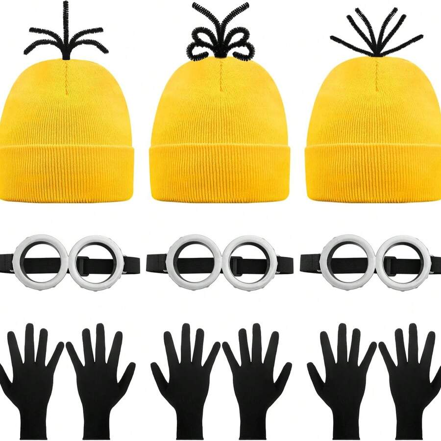 9pcs Role Play Accessory Set, Yellow Knitted Beanie, Vintage Goggles, Black Gloves, Suitable For Cosplay, 2026 Halloween Costume - Yellow Series - View 1
