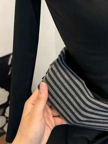 Women's Fashion Notch Neck Long Sleeve T-Shirt With Button Detail And Striped Patchwork, Regular Length 2-In-1 Design - Black - View 7