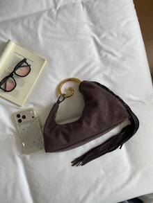 Women's Handbag With Metal Handle, Personalized Tassel, Matte Finish, Fashionable Autumn/Winter Phone Bag, Coffee Color, Suitable For Shopping, Commuting, Parties - Coffee - View 8