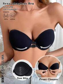 Women's Ruched Bra, Front Closure Strapless Underwire Bra, Heart-Shaped Cup, Backless Lingerie, Non-Slip Bandeau Bra, Adjustable Straps - Black - View 4