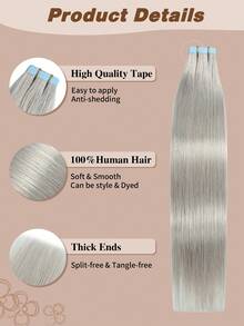 Yilite 18 Inch 10Pcs Bleach Blonde #Silver Tape In Hair Extensions Human Hair Straight Soft Human Hair Tape In Extensions Skin Weft Tape Ins Extensions For Women - SSilver - View 4