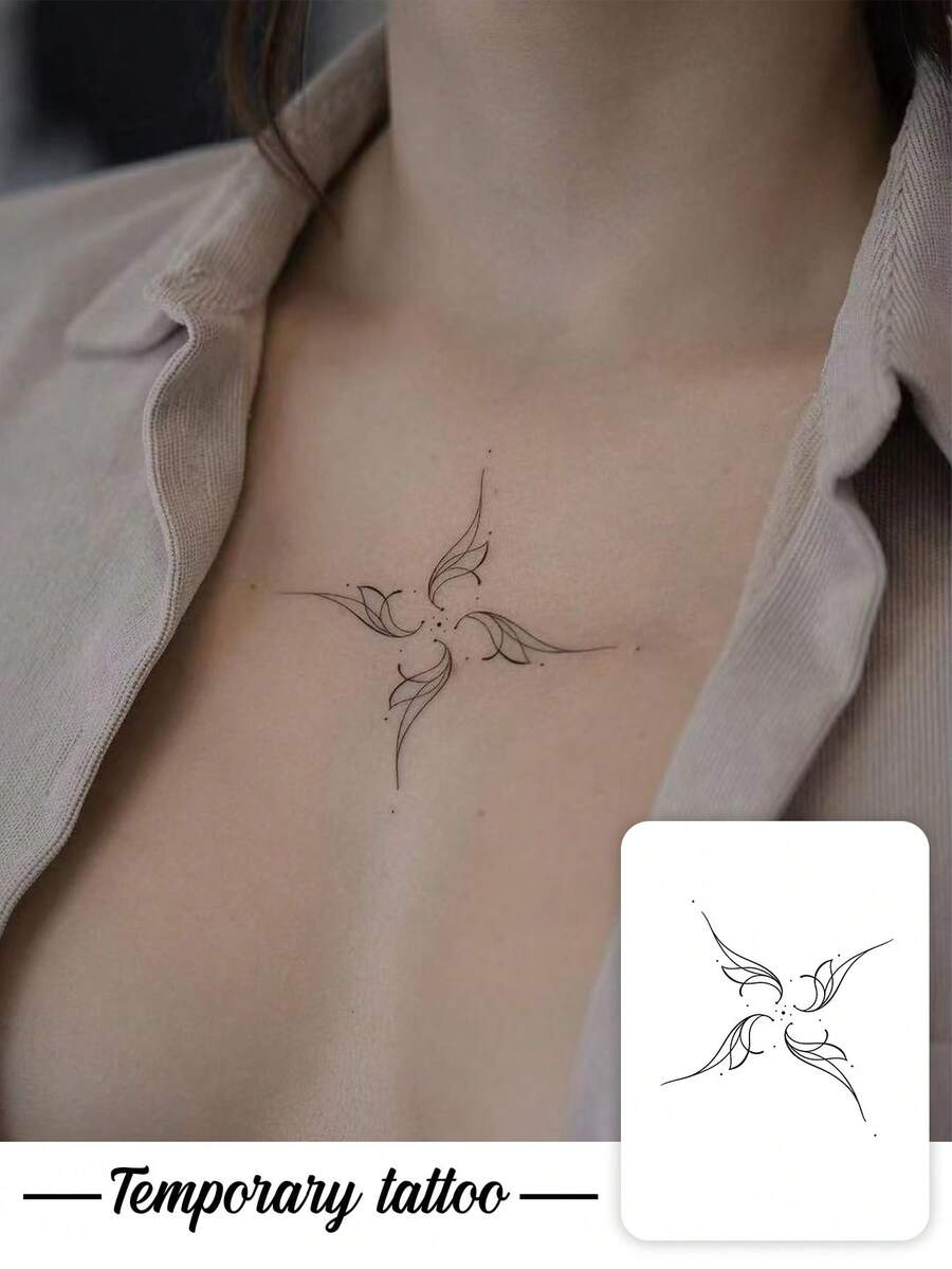 1pc Temporary Tattoo Sticker, Minimal Line Art Four-Petal Flower Butterfly Pattern, Realistic Fake Tattoo Design, For Daily Wear, Bachelorette Party Favors, Music Festival, Game, Graduation Gift, Lasts 3‑5 Days - Black - View 1