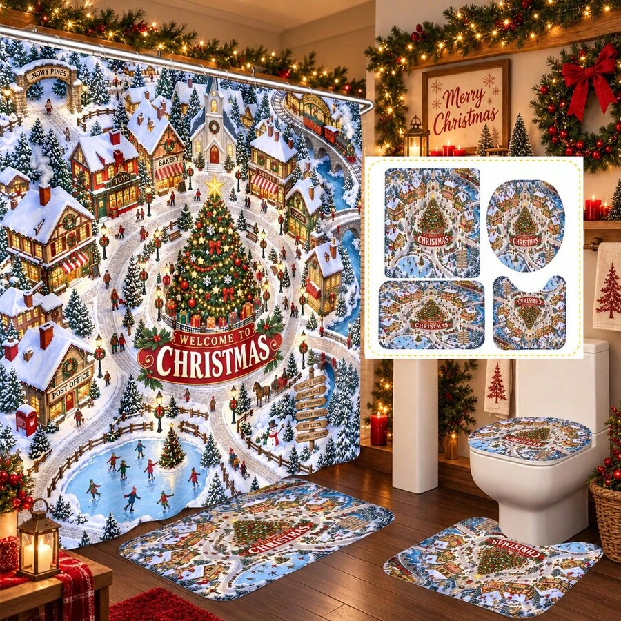 1pc/4pcs Festive Christmas Town Pattern Multi-Functional Bathroom Decor Shower Curtain Set, Free 12 Hooks, Premium Holiday Atmosphere, Bathroom Mat, U-Shaped Rug And Round Toilet Lid Cover, Suitable For All Scenes, Bathroom Set - Merry Christmas Town - View 1