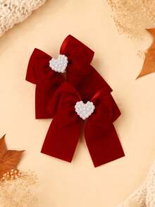 2pcs Bow Hair Clips With Love Pearls For Girls Kids,Elegant Fashion Simple Solid Color Hair Bows,Fall Winter New Year Hair Accessories - Multicolor - View 2